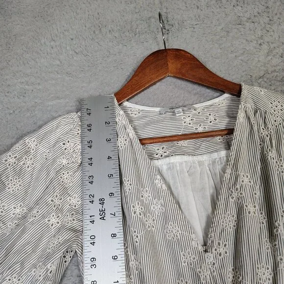 Madewell Mini Dress Women's 2XS White Black Striped Eyelet Sophia Puff Sleeve - Picture 3 of 13